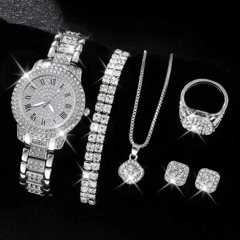 Coffret luxe femme – Set 6 pièces : montre quartz cadran romain + bracelet