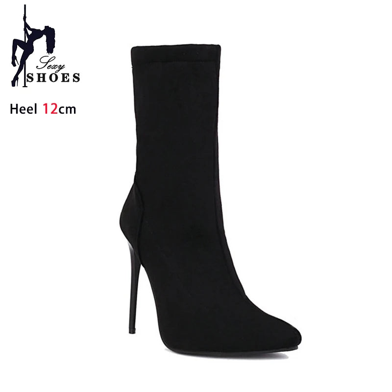 Bottines chaussettes femme  – Talon fin 12 cm, bout pointu, grande taille jusqu’au 46- 3 coloris