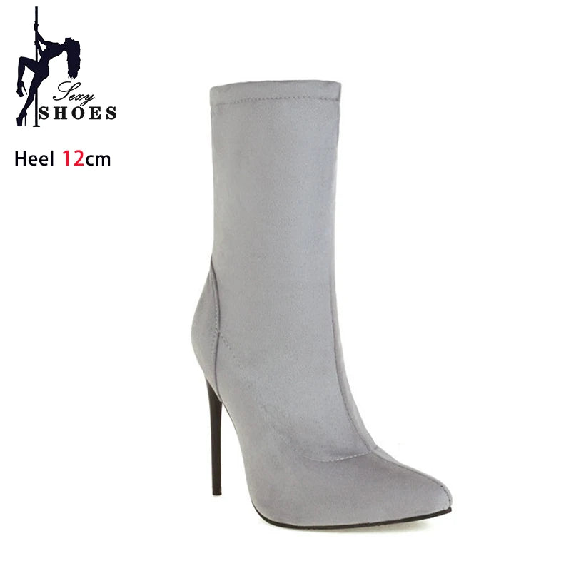 Bottines chaussettes femme  – Talon fin 12 cm, bout pointu, grande taille jusqu’au 46- 3 coloris