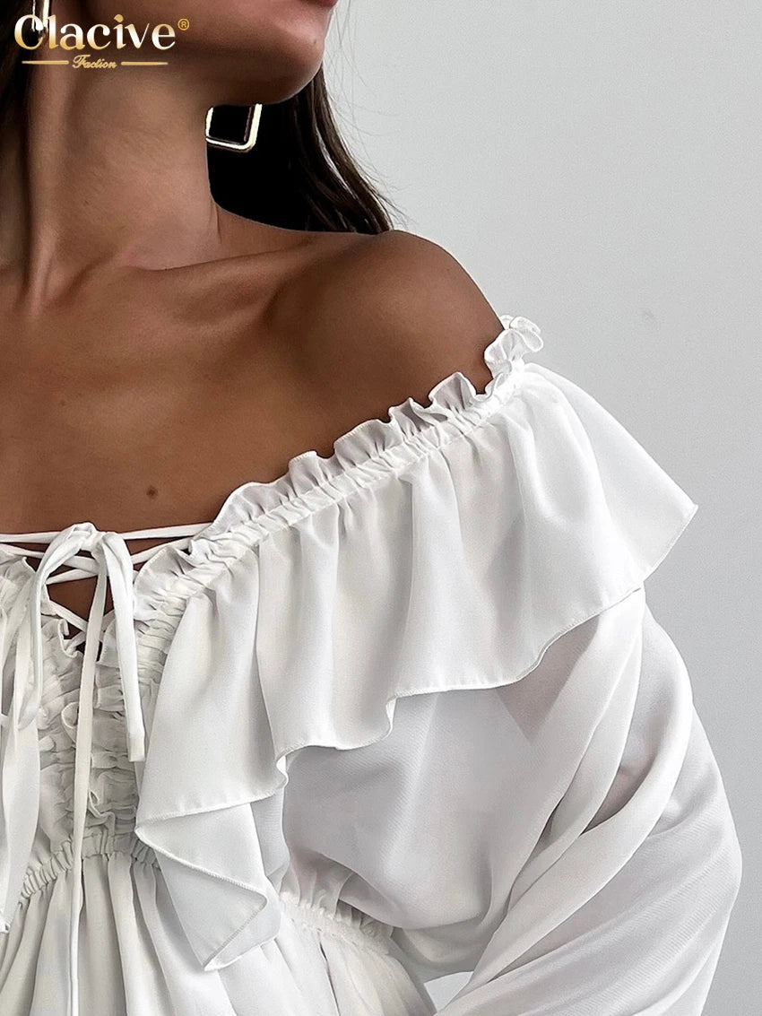 Robe Longue Blanche Femme – Col V, Manches Longues & Coupe Plissée Loose