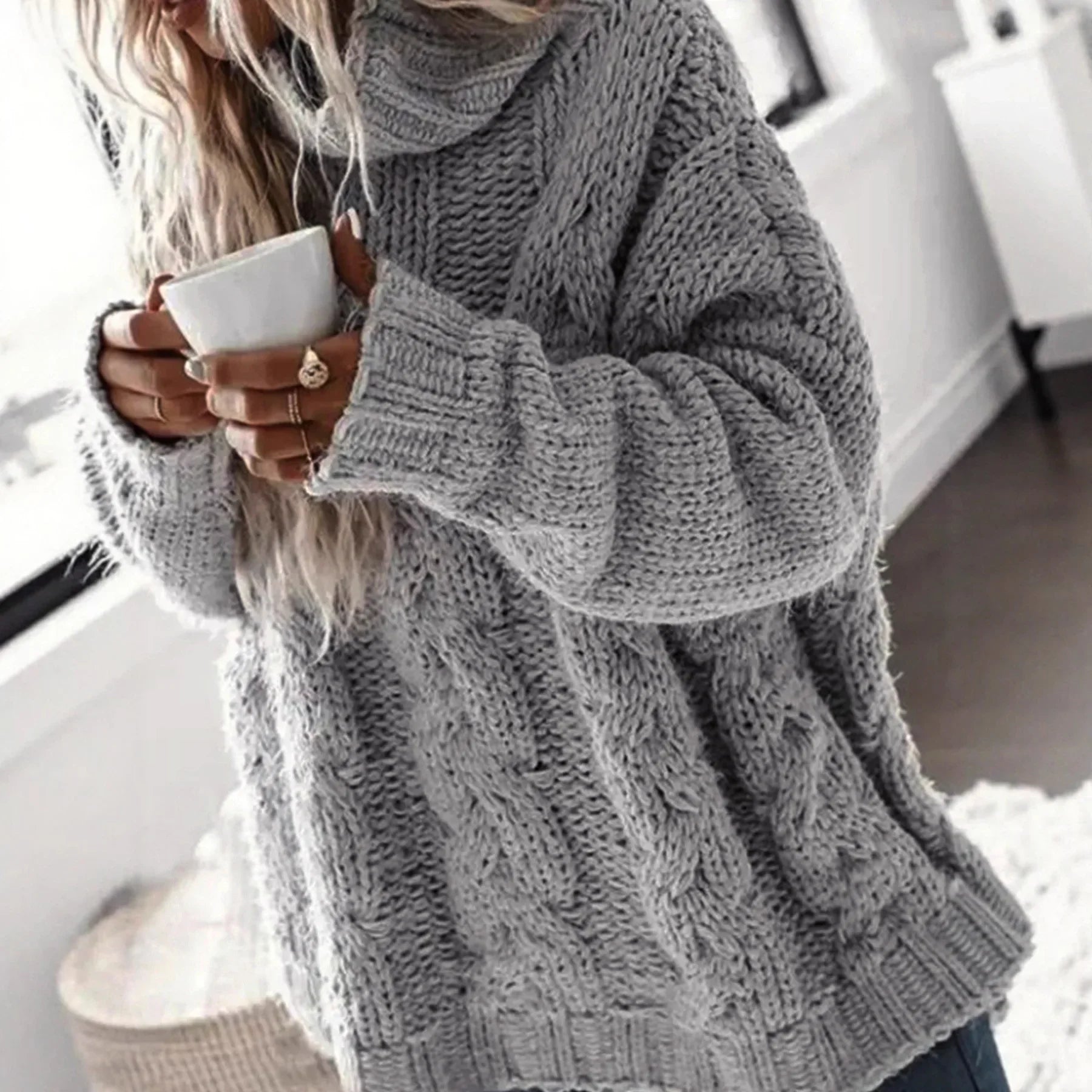 Pull col montant femme Maille torsadée motif fleuri, manches longues