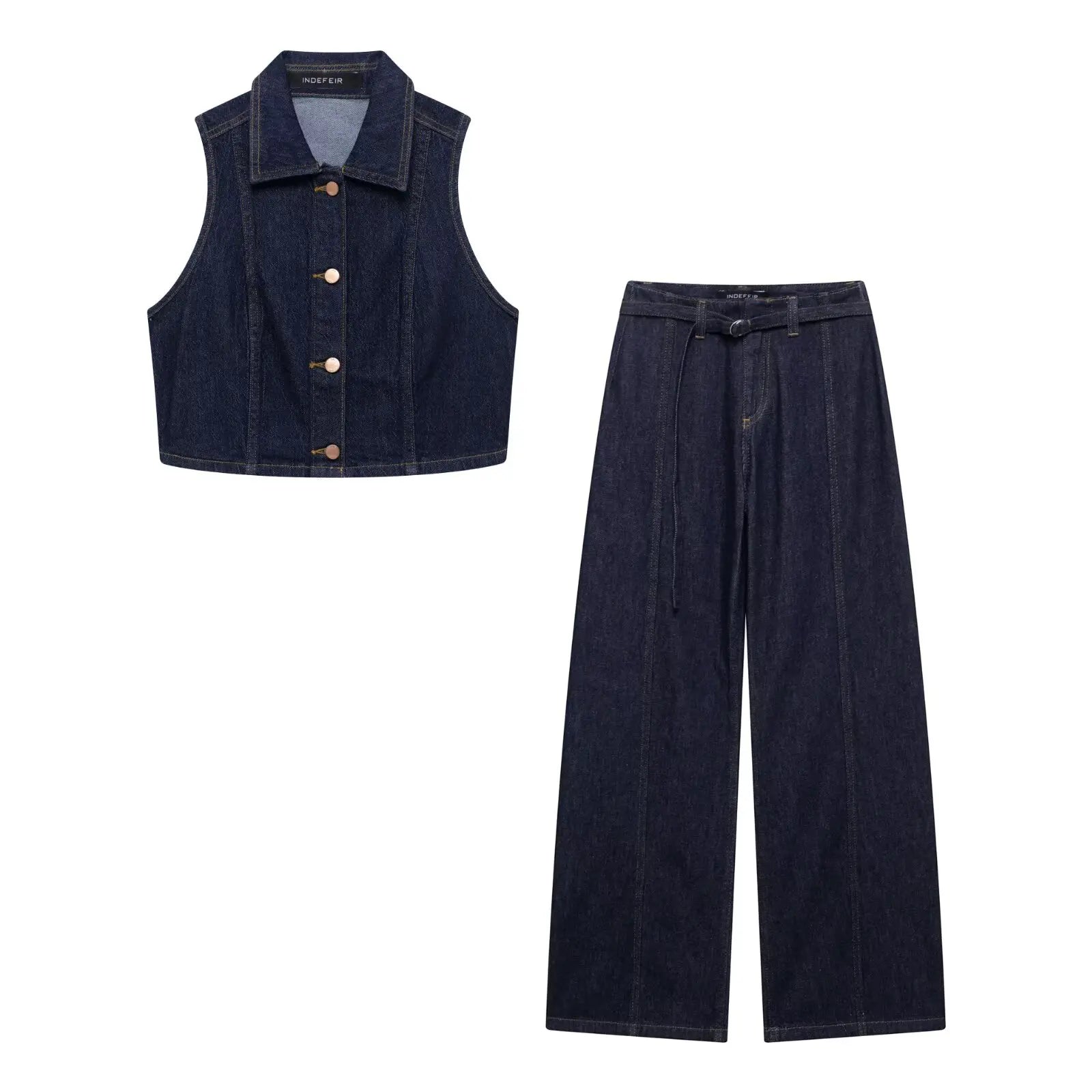 Ensemble denim femme – Veste col cranté simple boutonnage, pantalon taille haute large