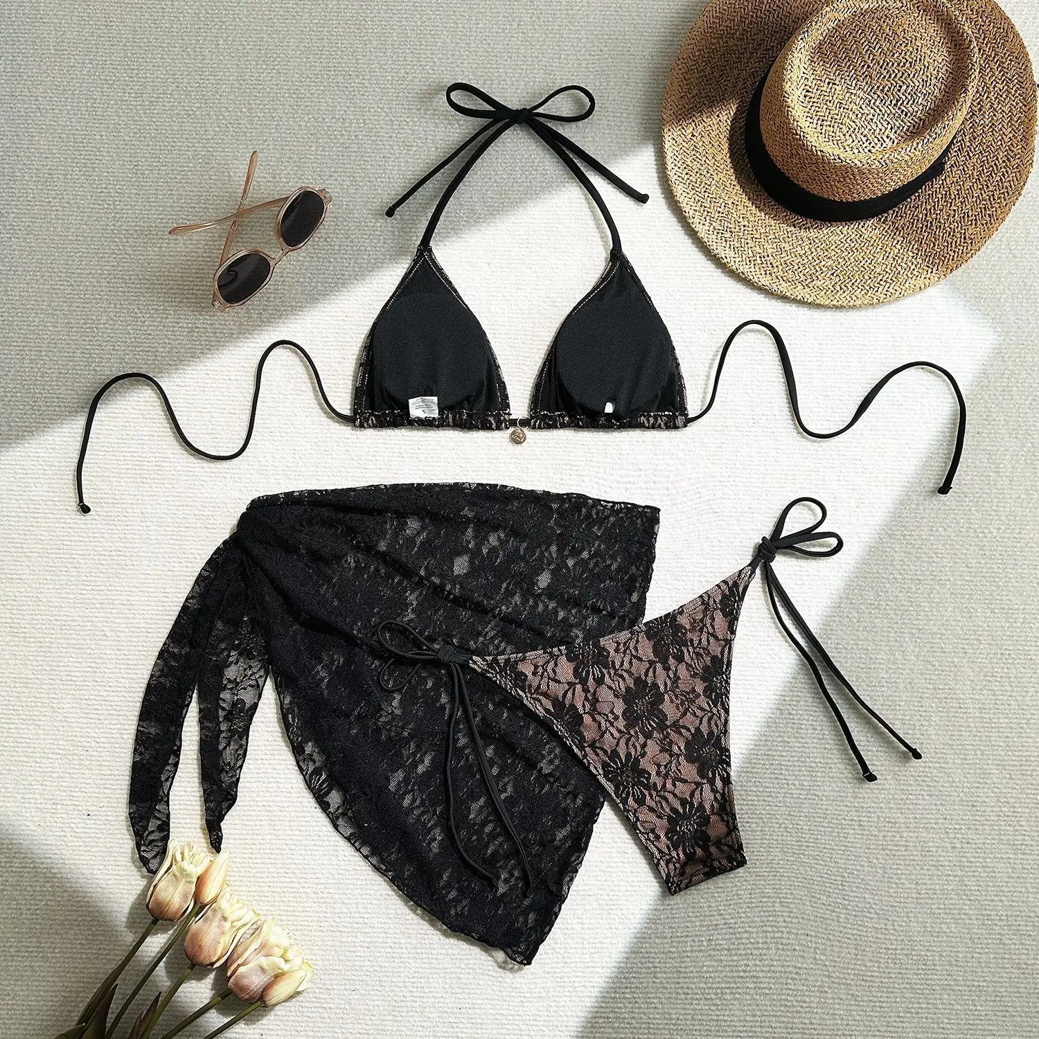 Bikini  3 Pièces – Dentelle Contrastée & Style Brésilien -plusieurs coloris