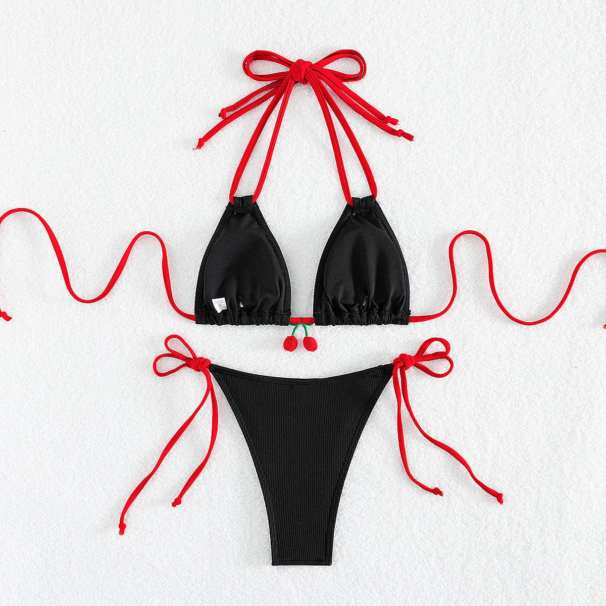 Bikini cerise à Laçage & Taille Haute – Noir ou  Blanc cerise