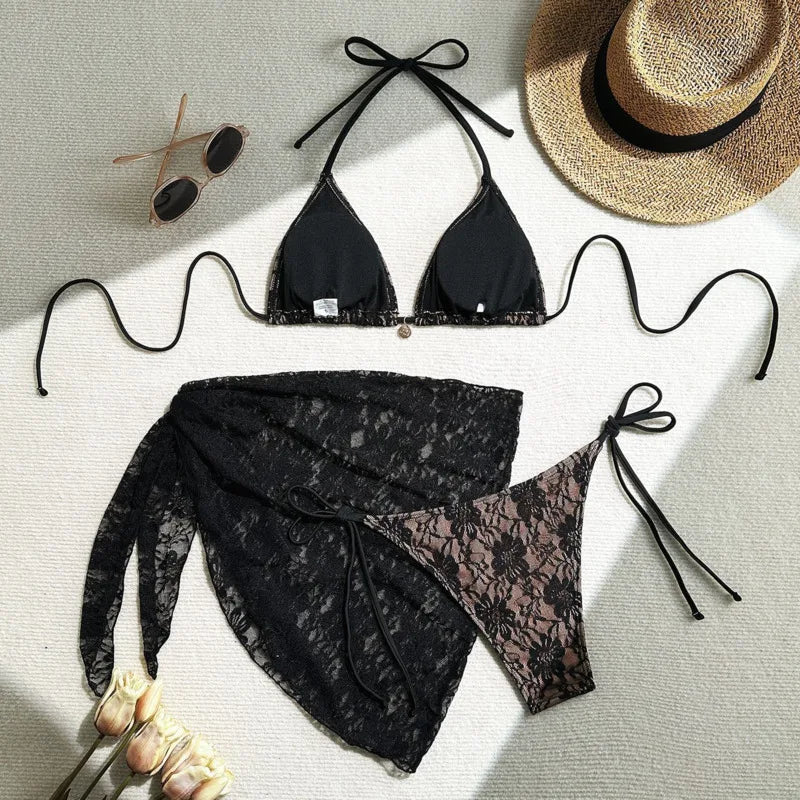 Bikini  3 Pièces – Dentelle Contrastée & Style Brésilien -plusieurs coloris