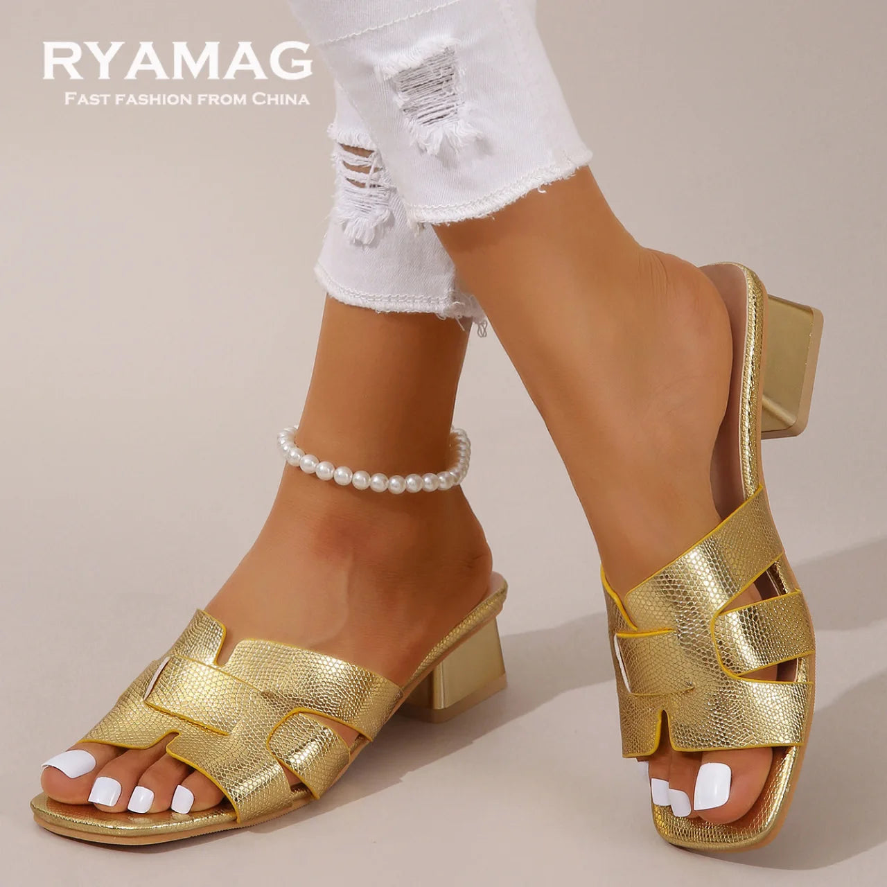 Sandales mules femme – Bout ouvert, talon carré, style rétro, plage été- 3 coloris