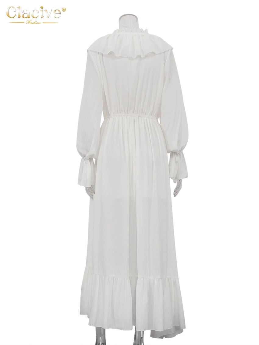 Robe Longue Blanche Femme – Col V, Manches Longues & Coupe Plissée Loose