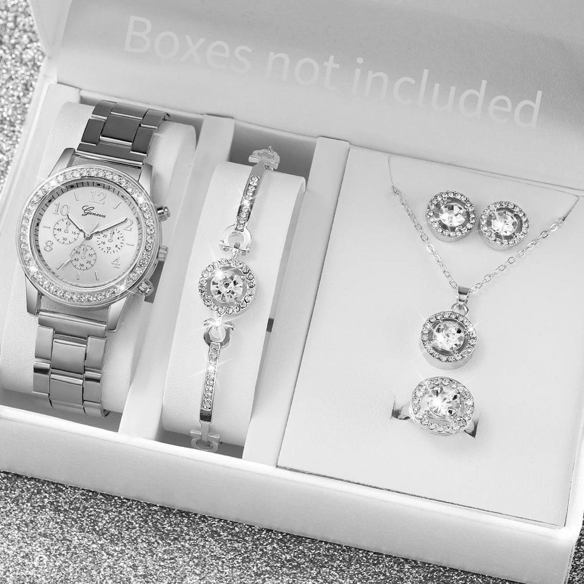 Coffret montre et bijoux femme – 6 pièces, quartz, strass – Plusieurs coloris