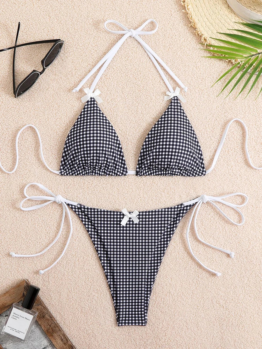 Bikini 2 Pièces – Halter & String Motif Petits Carreaux -Plusieurs coloris