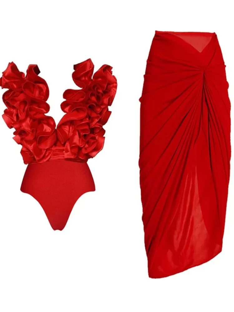 Bikini avec jupe pour femme, maillot de bain, imprimé épissure à volants, vêtements de plage, couvertures de bikini de vacances, tenues d'été, nouveau