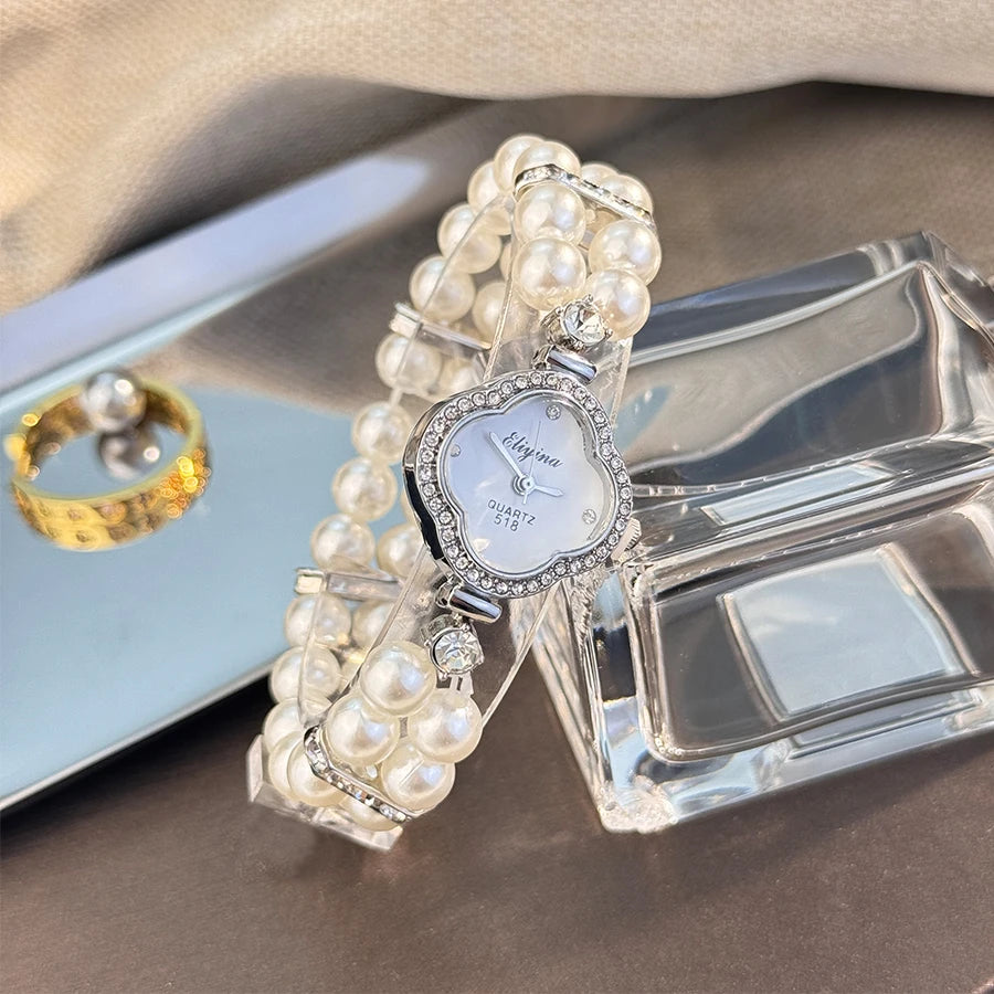 Montre quartz femme – Bracelet perle, trèfle à quatre feuilles – Plusieurs coloris
