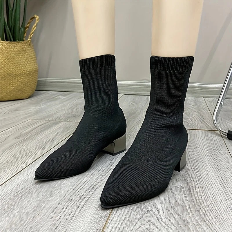 Bottines femme – Bout pointu, talon épais, extensibles, style chaussette