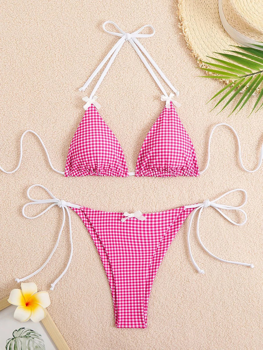 Bikini 2 Pièces – Halter & String Motif Petits Carreaux -Plusieurs coloris