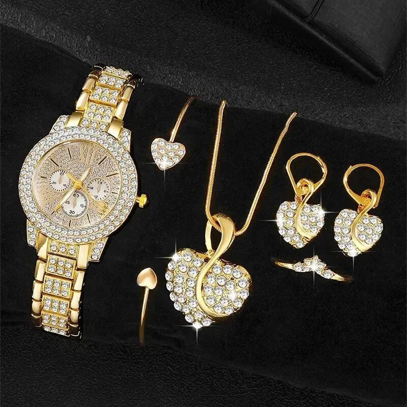 Coffret luxe femme – Set 6 pièces : montre quartz cadran romain + bracelet