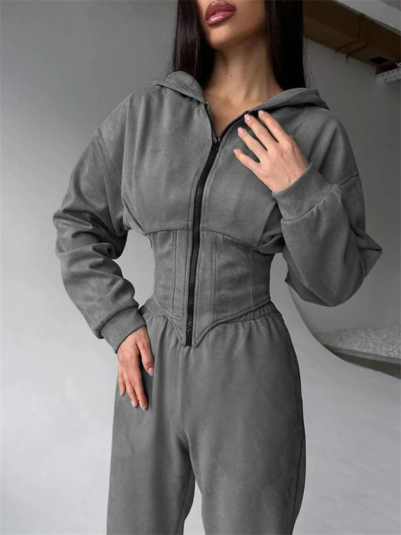 Ensemble 2 pièces décontracté pour femme : Veste courte à capuche zippée et pantalon 5 coloris