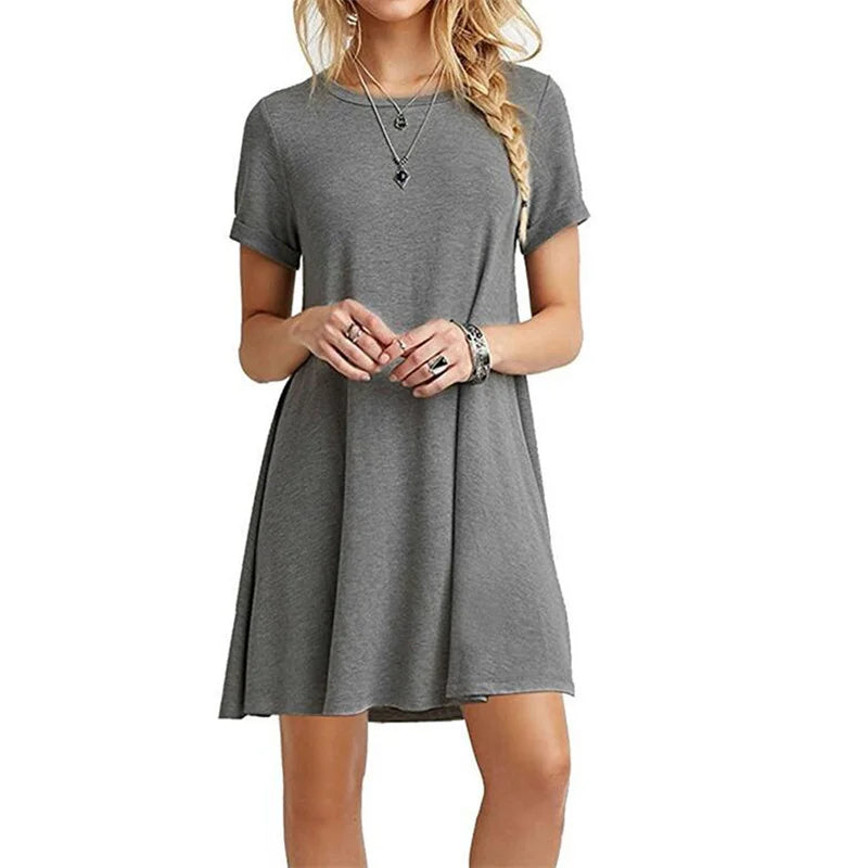 Robe Bohème Femme – Col Rond, Manches Courtes, Style Plage