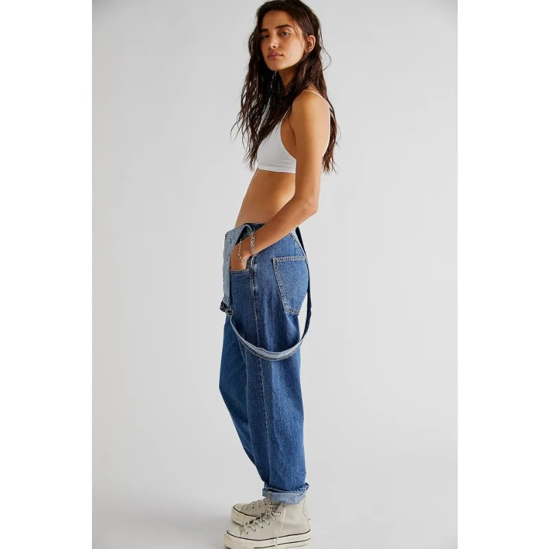 Combinaison salopette femme – Bleu denim, sans manches, poches, bretelles