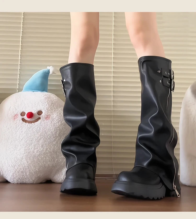 Bottes hautes femme – Semelles épaisses, style streetwear - 3 coloris