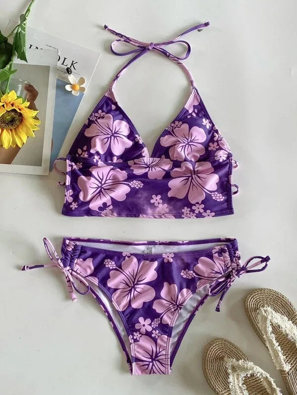 Bikini Femme Fleuri Licou – Haut Push-Up & Bas Taille Haute -Plusieurs coloris
