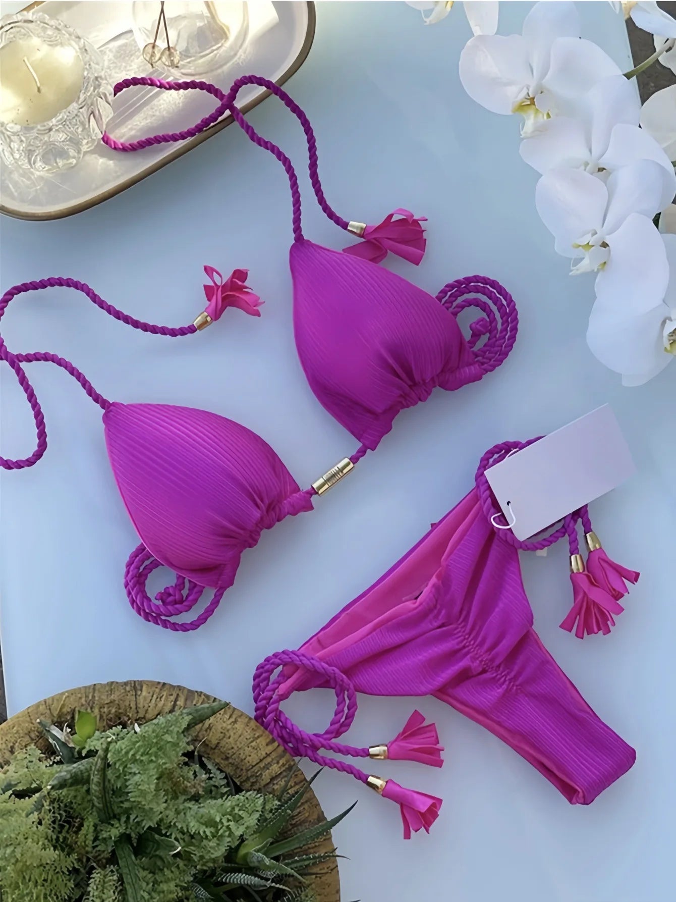 Bikini Deux Pièces Femme – Col Halter & Lacets | Couleurs Vives