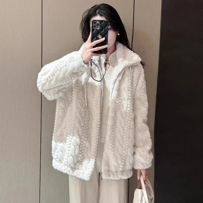 Manteau fausse fourrure imitation vison femme – Col montant, chaud & épais