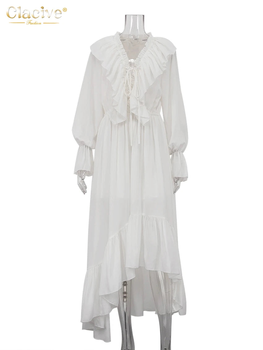 Robe Longue Blanche Femme – Col V, Manches Longues & Coupe Plissée Loose