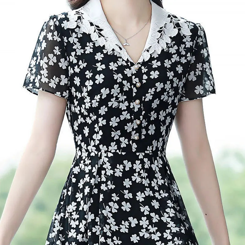 Robe midi femme  Col V, patchwork imprimé, manches courtes