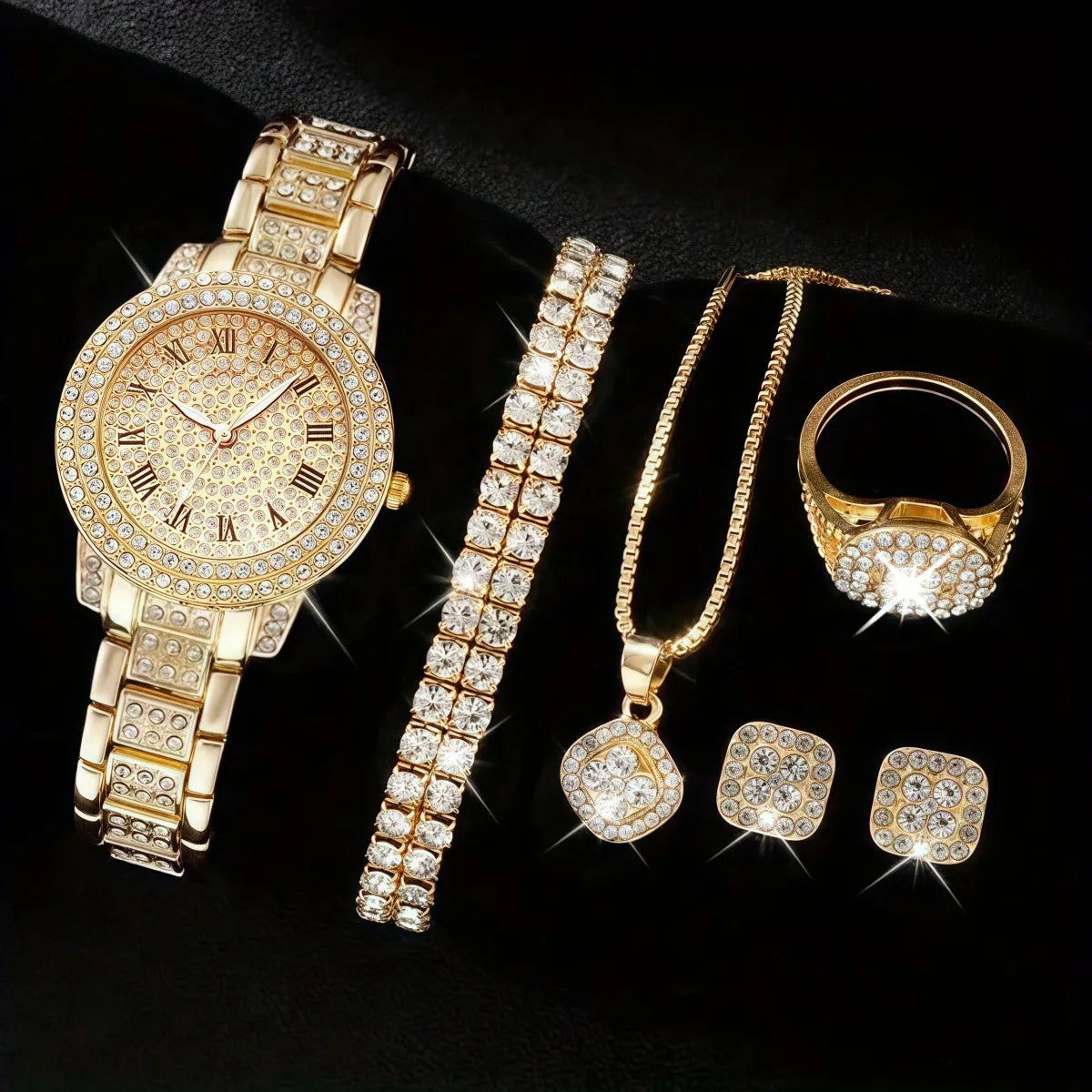 Coffret luxe femme – Set 6 pièces : montre quartz cadran romain + bracelet