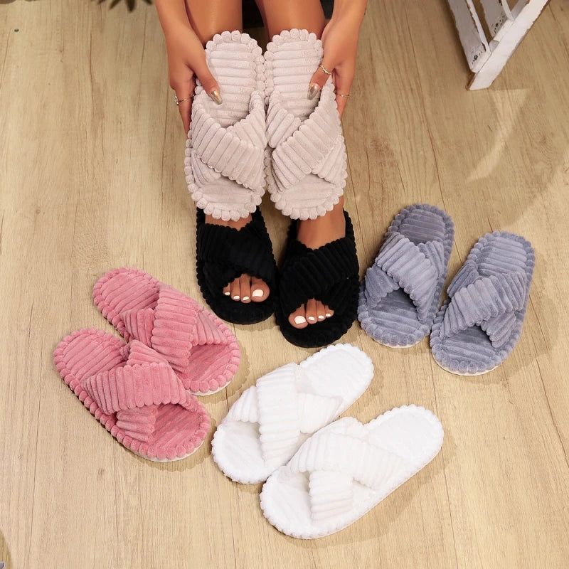 Pantoufles femme velours côtelé & peluche – Plates, confortables, automne-hiver - 5 coloris
