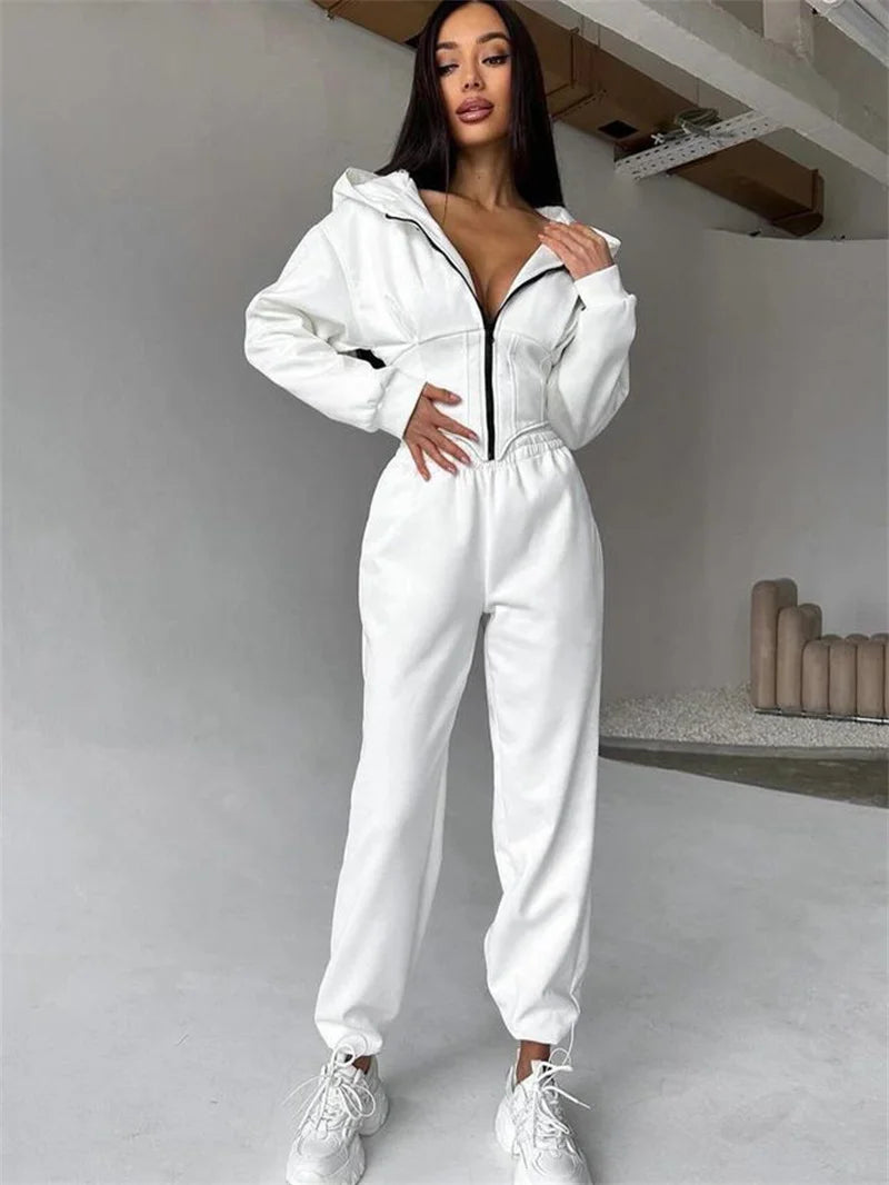 Ensemble 2 pièces décontracté pour femme : Veste courte à capuche zippée et pantalon 5 coloris