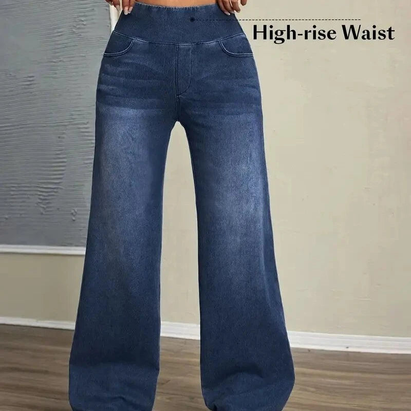 Jean Droit Femme – Taille Élastique Haute Coupe Loose Extensible