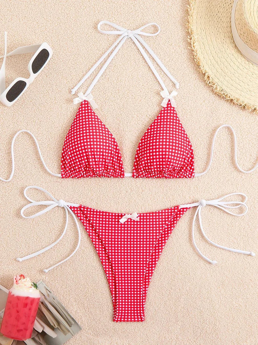 Bikini 2 Pièces – Halter & String Motif Petits Carreaux -Plusieurs coloris