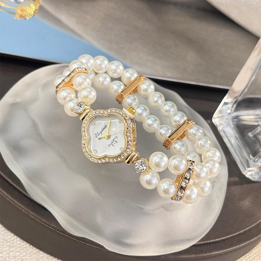 Montre quartz femme – Bracelet perle, trèfle à quatre feuilles – Plusieurs coloris