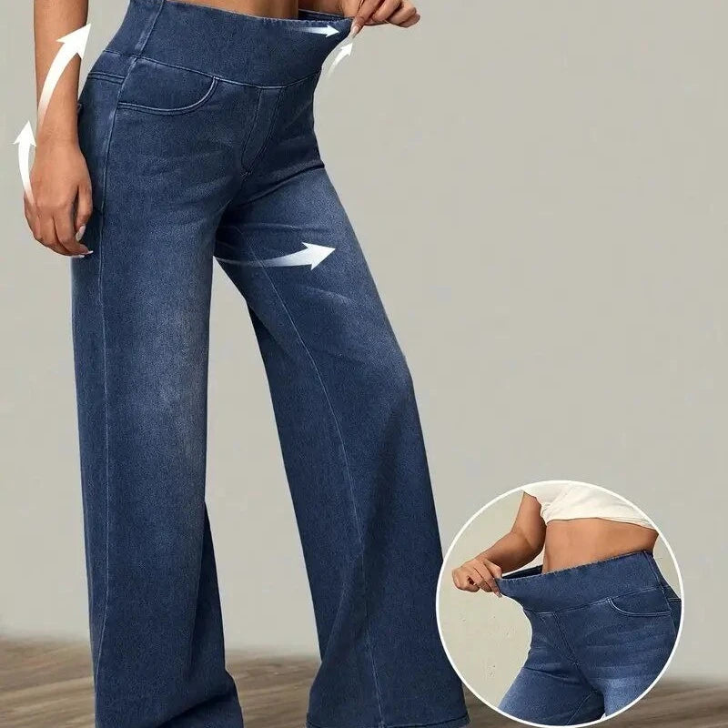 Jean droit femme Taille élastique haute, coupe loose, extensible