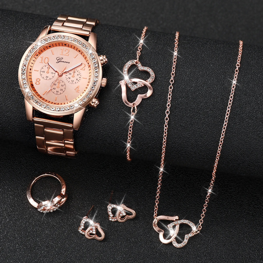 Coffret montre et bijoux femme – 6 pièces, quartz, strass – Plusieurs coloris