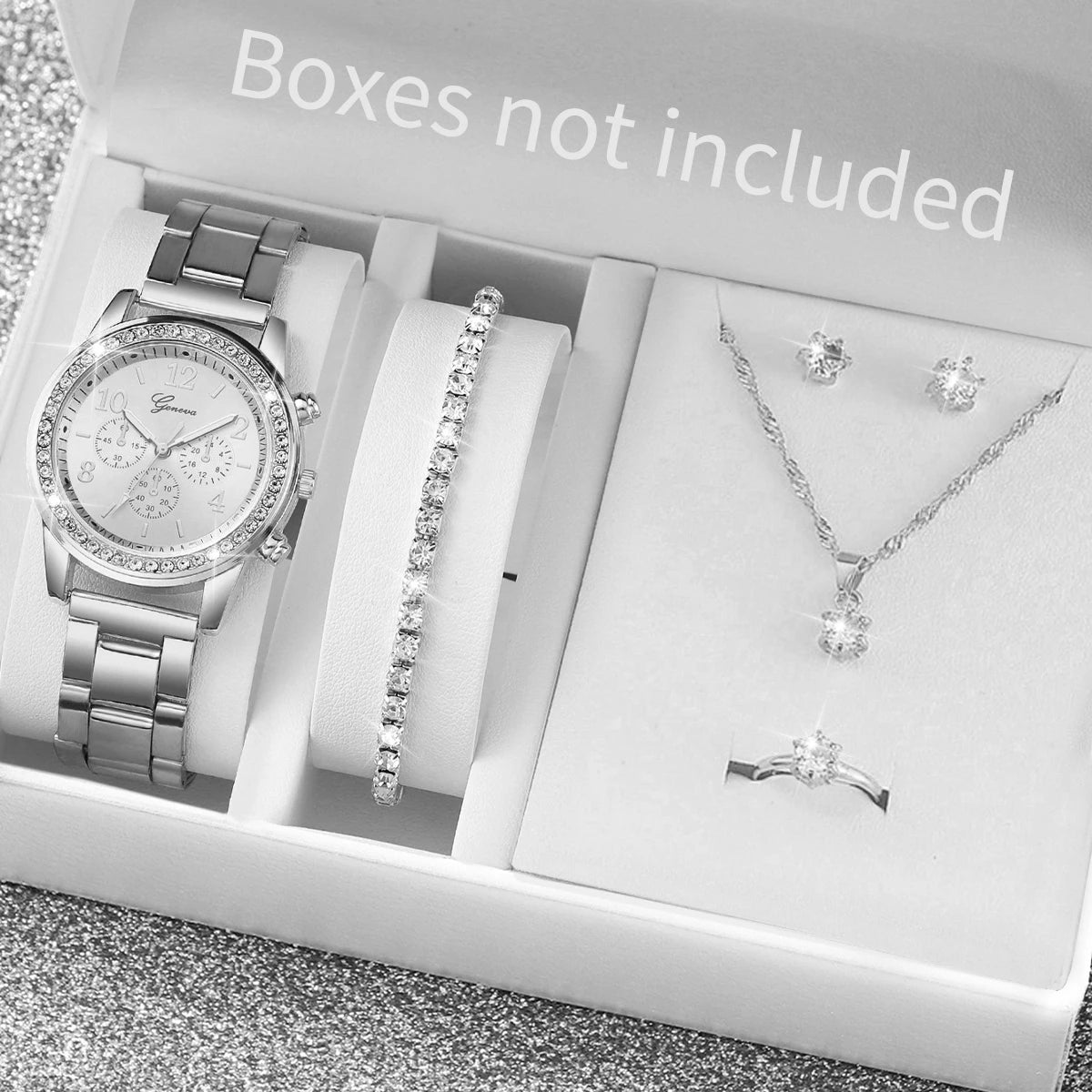 Coffret montre et bijoux femme – 6 pièces, quartz, strass – Plusieurs coloris