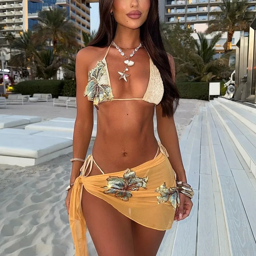 Applique taille basse Sexy 3 pièces ensemble de Bikini-maillot de bain de vacances à la plage pour femmes modeste burkini mujer burkini femme musulmane