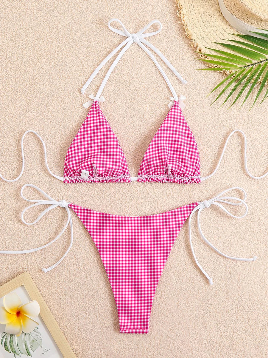 Bikini 2 Pièces – Halter & String Motif Petits Carreaux -Plusieurs coloris