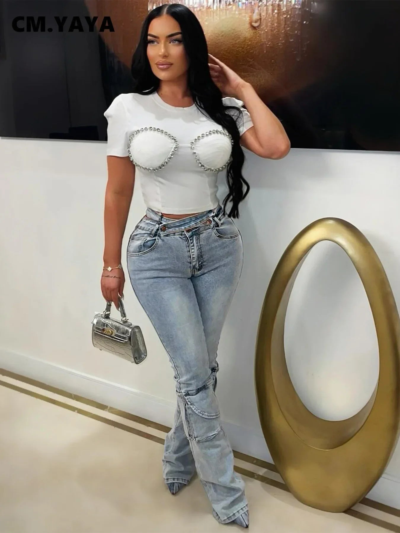 Jean cargo femme Large, taille croisée, poches, zippé, effet lavé