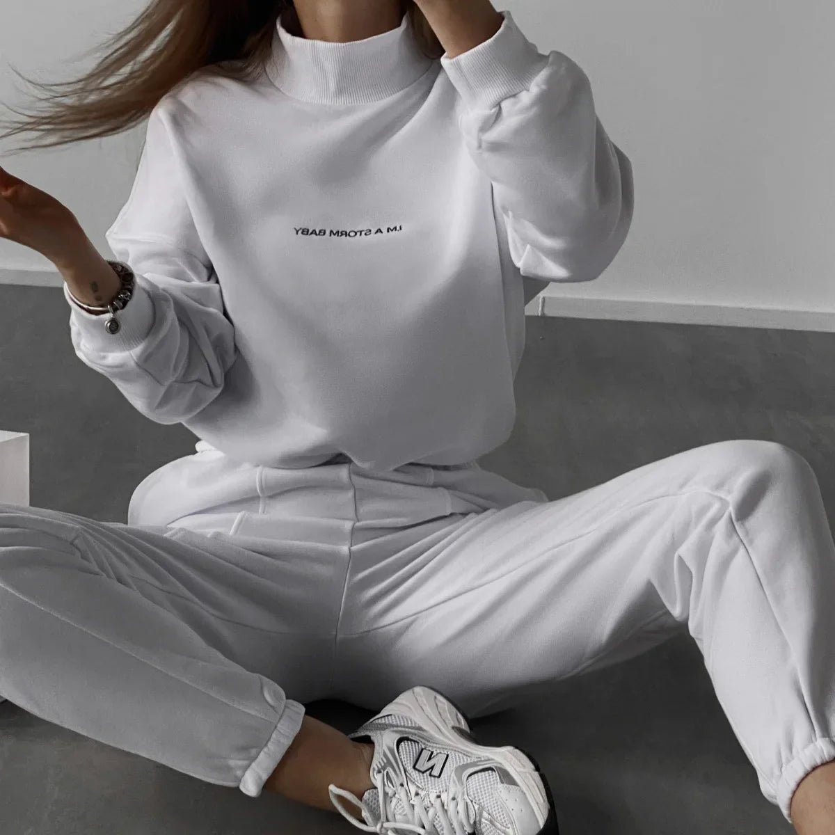 Ensemble 2 pièces femme – Sweat col montant imprimé lettrage & pantalon crayon taille haute 8 coloris
