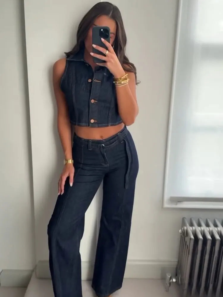 Ensemble denim femme – Veste col cranté simple boutonnage, pantalon taille haute large