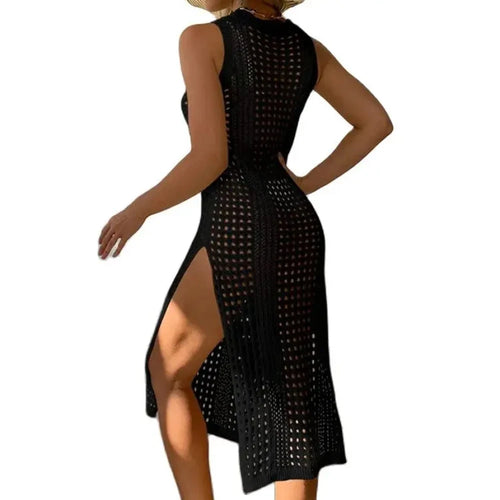 2026 Robes de plage pour femmes, cache-maillots de bain en crochet ajouré, sans manches, à fente latérale