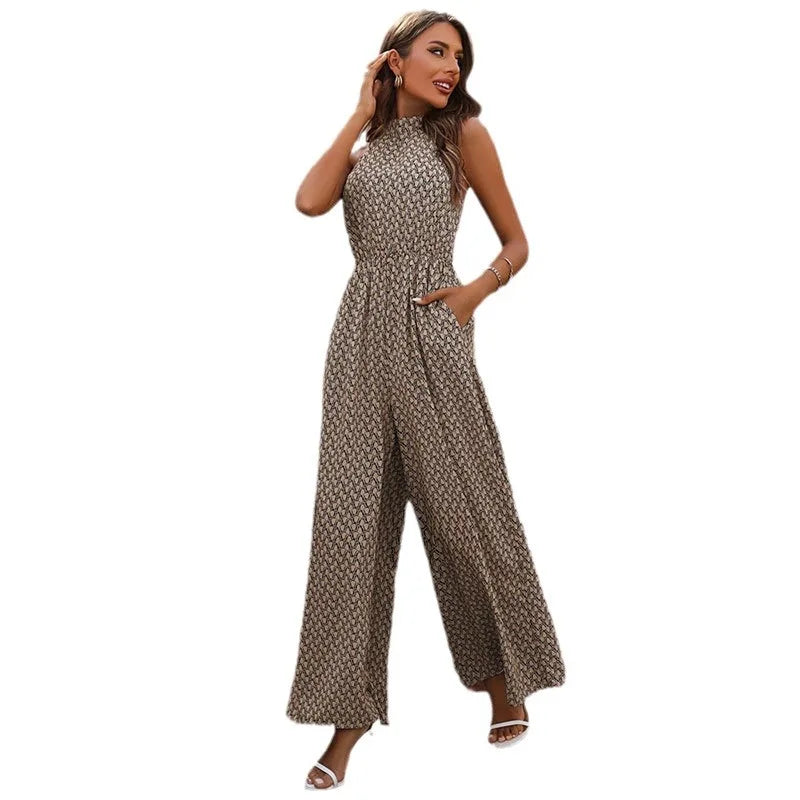Combinaison femme – Col montant sans manches, imprimé floral, pantalon large