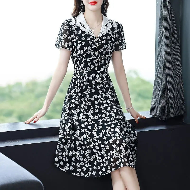 Robe midi femme  Col V, patchwork imprimé, manches courtes
