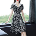 Robe midi femme  Col V, patchwork imprimé, manches courtes
