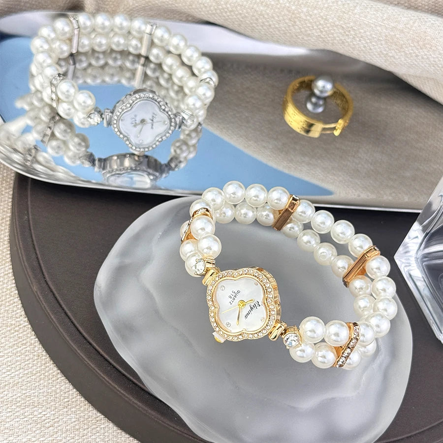 Montre quartz femme – Bracelet perle, trèfle à quatre feuilles – Plusieurs coloris
