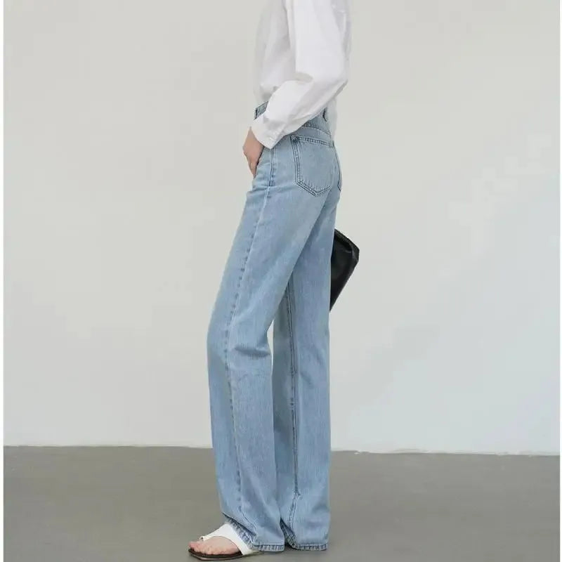 Jean droit femme Taille haute, bleu clair, longueur longue