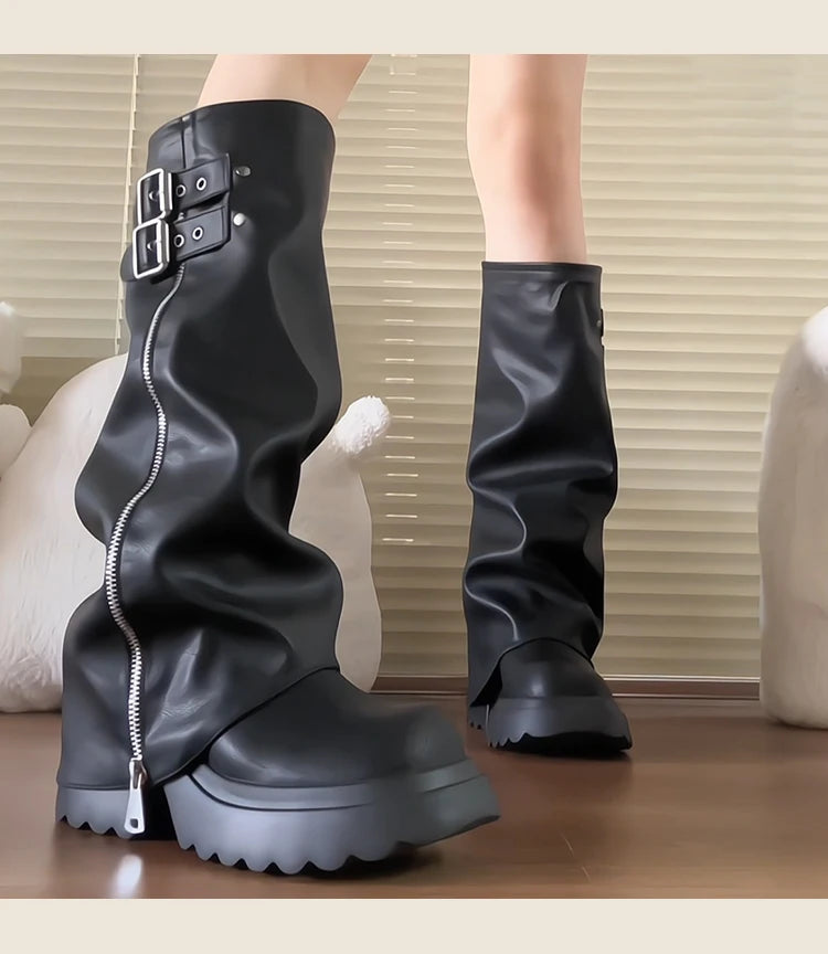 Bottes hautes femme – Semelles épaisses, style streetwear - 3 coloris