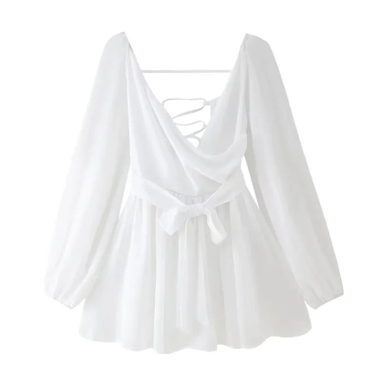 Robe Courte Sexy – Mousseline, Col V, Manches Bouffantes & Laçage (plusieurs couleurs disponible)