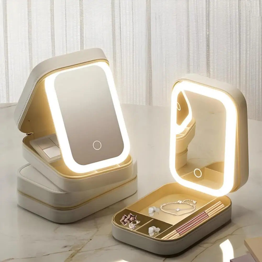 Trousse maquillage voyage miroir LED rechargeable – 3 réglages d’éclairage, rangement bijoux